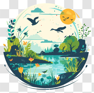 World Wetlands Day - Beautiful Scenic Nature Illustration With Birds And Water Transparent PNG