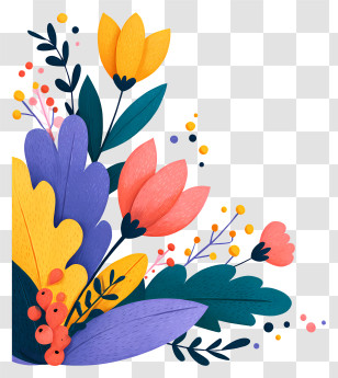 Wild Floral Corner - Vibrant Floral Design With Leaves Transparent PNG