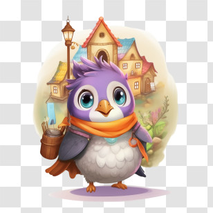 Little Penguin - Purple Bird With Tools In A Cartoon Village Transparent PNG
