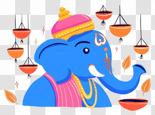 Ganesha Chaturthi - Ganesha Illustration With Diwali Lamps Transparent PNG