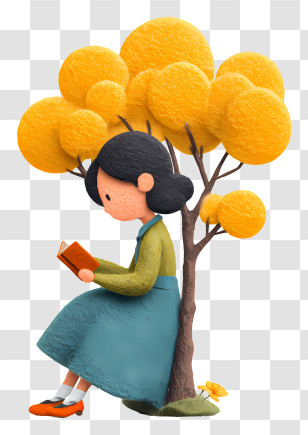 Girl Reading Book Under Tree - Girl Reading Under Yellow Tree Transparent PNG