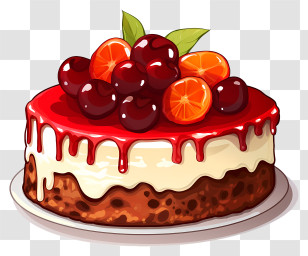 Cake - Fruit Topped Cake With Dripping Red Icing Transparent PNG