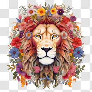 Lion - Lion With Colorful Floral Mane Transparent PNG
