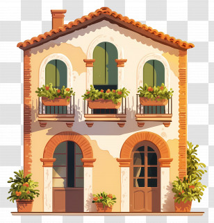 Italian House - Mediterranean-Style House With Potted Plants Transparent PNG