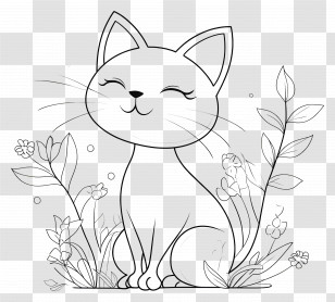 Outline Cat - Smiling Cat With Flowers In Cartoon Style Transparent PNG
