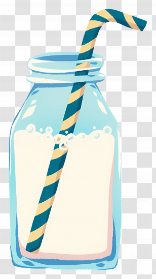 Milk Bottle - Glass Jar With Milk And Striped Straw Transparent PNG