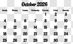 October 2026 Calendar - October 2025 Calendar Layout Transparent PNG