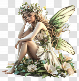 Summer Night - Fantasy Fairy Sitting Amidst Flowers Transparent PNG
