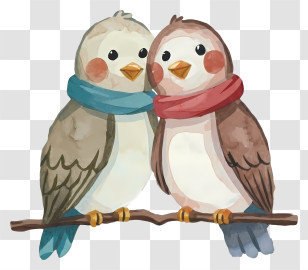 Birds - Two Birds With Scarves On A Branch Transparent PNG