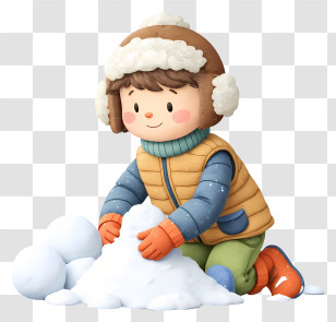 Cartoon Boy In Winter - Kid Building Snow Pile Transparent PNG