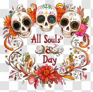 All Souls Day - Festive Decorative Skulls With Flowers Transparent PNG