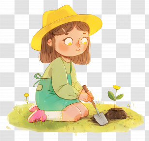 Little Girl Planting Flowers - Gardening Girl With Yellow Hat Transparent PNG