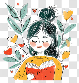 Cartoon Girl With Book - Happy Girl Reading Book Doodle Illustration Transparent PNG