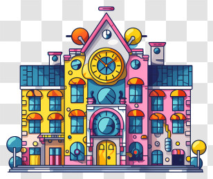 Colorful Building - Colorful Cartoon House With Clock Transparent PNG