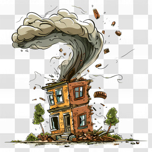 Tornado Destroy Building - House With Whirlwind And Destruction Illustration Transparent PNG