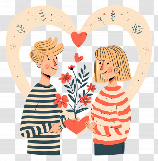 Cartoon Couple - Romantic Couple Illustration With Heart And Flowers Transparent PNG