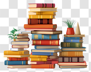Books - Stack Of Colorful Books With Decorative Plants Transparent PNG