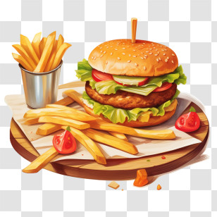 Hamburger - Burger With French Fries And Tomatoes Transparent PNG