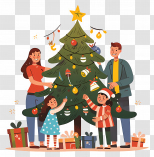 Family Christmas - Family Decorating A Christmas Tree With Ornaments Transparent PNG