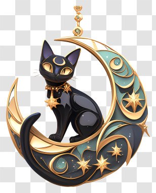 Black Cat With A Crescent Moon - Black Cat On Crescent Moon Pendant Transparent PNG