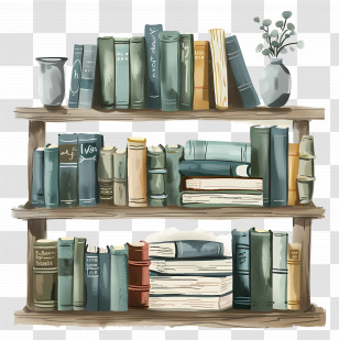 Animated Books - Illustration Of Bookshelf With Books And Plants Transparent PNG