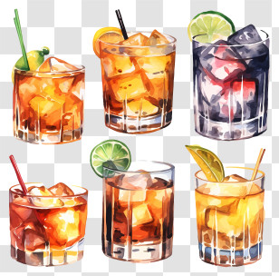 Cocktails - Brown And Amber Cocktails With Garnishes Transparent PNG