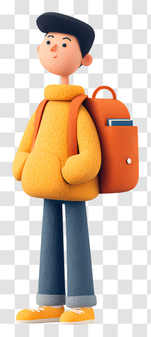 Student Standing With School Bag - Casual Boy With Orange Backpack Transparent PNG