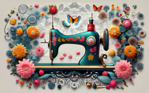 Sewing Day - Colorful Vintage Sewing Machine With Flowers And Butterflies Transparent PNG