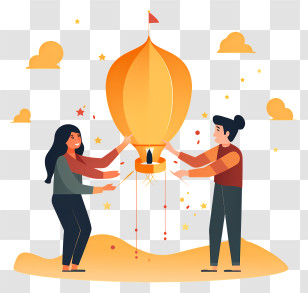 Cartoon Image - People Releasing Sky Lantern Transparent PNG