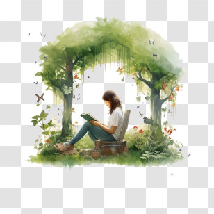 Reading
 - Serene Scene Of A Woman Reading Under Lush Green Trees Transparent PNG