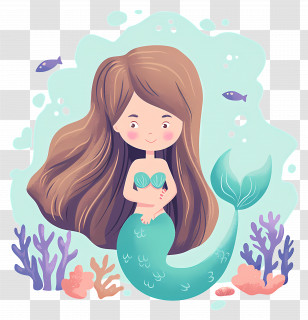 Watercolor Mermaid - Cartoon Mermaid In Underwater Scene Transparent PNG