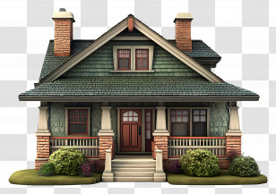 Craftsman Bungalow - Cozy Green House With Porch Transparent PNG