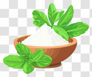 Stevia Leaf - Wooden Bowl With Sugar And Fresh Green Leaves Transparent PNG