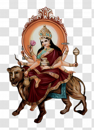 Kushmanda - Hindu Goddess Riding A Lion Depicted In Traditional Art Style Transparent PNG