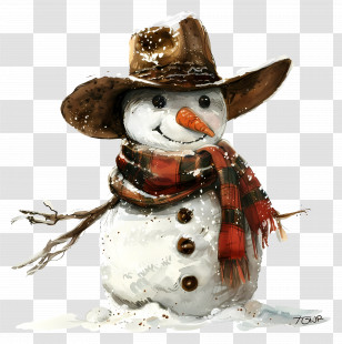 Snowman - Snowman With Hat And Scarf In Winter Scene Transparent PNG