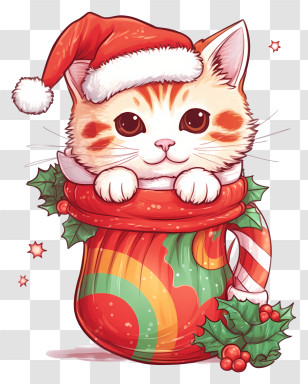 Hand Drawn Cat In Christmas Sock - Cute Cat In Christmas Stocking Transparent PNG