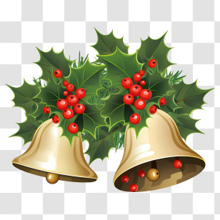 Jingle Bells - Golden Christmas Bells With Holly And Red Berries Transparent PNG