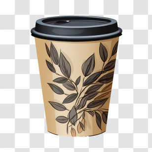 Paper Cup - Tan Coffee Cup With Foliage Art For Casual Drinks Transparent PNG