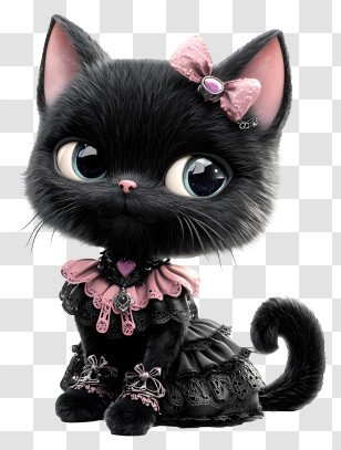 Gothic Lolita Cat - Black Cartoon Cat With Pink Bow Transparent PNG