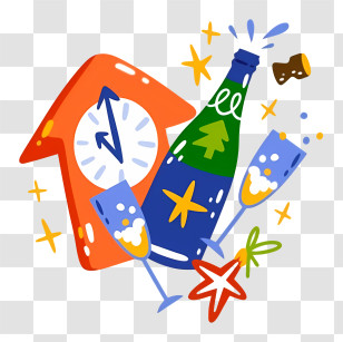 Clock - Champagne Bottle And Clock For New Year Celebration Transparent PNG