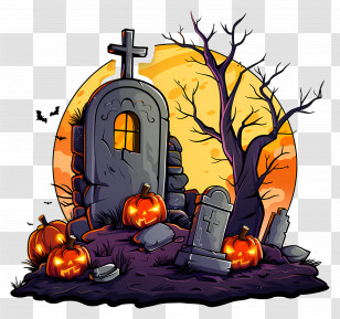 Tomb - Halloween Graveyard Scene With Pumpkins And Full Moon Transparent PNG