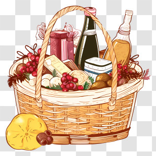 Wicker Basket - Festive Gift Basket With Food And Drinks Transparent PNG