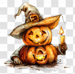 Halloween Pumpkin With Witch Hat - Halloween Pumpkin With Witch Hat And Candle Transparent PNG