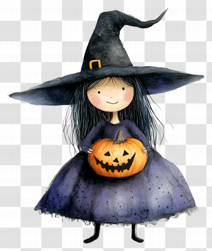 Halloween Witch - Adorable Witch Holding A Carved Pumpkin Transparent PNG