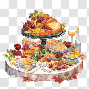 Bountiful Table - Thanksgiving Feast With A Table Of Dishes And Drinks Transparent PNG