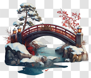 Snowy Bridge - Snowy Red Arched Garden Bridge Transparent PNG