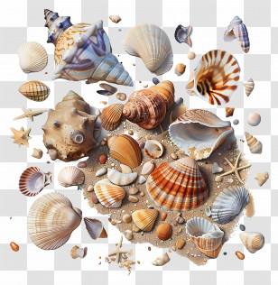 Beachcombing - Colorful Seashells On Sand Illustration Transparent PNG