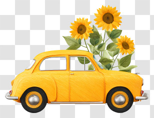 Vintage Car With Sunflower - Yellow Vintage Car With Sunflowers Transparent PNG
