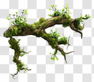 Tree Branch Moss - Mossy Tree Branch With Green Plants Transparent PNG