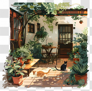 House Backyard Patio - Beautiful Garden With Cats And Plants Transparent PNG